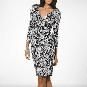Lauren Ralph Lauren Dress Size 4 Black White Floral V Neck Surplice Faux Wrap